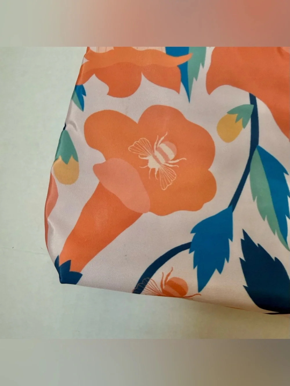 Clinique Zip Top Cosmetic Bag Floral Orange Pink Blue Print